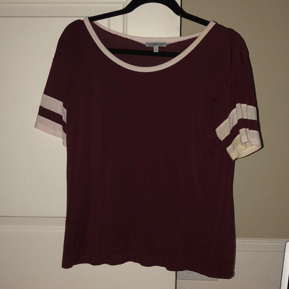maroon shirt with white stripes